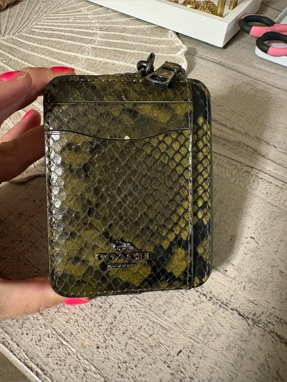 Coach olive green snake print zip card case